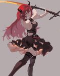  1girl absurdres arknights backless_dress backless_outfit black_dress demon_girl demon_horns dress fingerless_gloves gloves highres holding holding_weapon horns infection_monitor_(arknights) long_hair looking_at_viewer redhead surtr_(arknights) sword tesbori thigh-highs violet_eyes weapon 