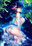  1girl ass barefoot black_hair blue_eyes breasts chiachun0621 fate/grand_order fate/requiem fate_(series) from_behind highres in_water looking_at_viewer magatama night night_sky sideboob sitting sky smile star_(sky) starry_sky tanabata utsumi_erise wariza water 