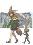  1girl animal_ears brown_hair fox_ears fox_girl fox_tail highres jacket meiz orange_eyes original robot shikishi tail traditional_media walking watercolor_(medium) 