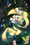  :d absurdres blush commentary_request gen_3_pokemon highres jirachi leaf looking_up mythical_pokemon night no_humans nullma open_mouth outdoors outstretched_arms pokemon pokemon_(creature) shiny smile solo stream tongue water 
