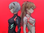  2girls ayanami_rei back-to-back bangs black_bodysuit blue_eyes blue_hair bodysuit breasts closed_mouth commentary dango_(uni_520) eyebrows_visible_through_hair from_side interface_headset long_hair multiple_girls neon_genesis_evangelion orange_hair parted_lips plugsuit profile rebuild_of_evangelion red_background red_eyes short_hair simple_background small_breasts souryuu_asuka_langley twintails twitter_username upper_body white_bodysuit 