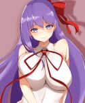  1girl bangs bare_shoulders bb_(fate) bb_(fate)_(all) blush breasts eyebrows_visible_through_hair fate/grand_order fate_(series) hair_ribbon highres large_breasts lips long_hair looking_at_viewer meta-tron purple_hair red_ribbon ribbon smile solo upper_body very_long_hair violet_eyes 