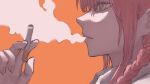  1girl 900p bangs braid braided_ponytail chainsaw_man cigarette commentary from_side highres holding holding_cigarette makima_(chainsaw_man) open_mouth orange_background redhead ringed_eyes sidelocks simple_background smoke solo yellow_eyes 