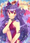  1girl animal_ear_fluff animal_ears bangs bare_arms bare_shoulders blush breasts closed_mouth commentary_request dress eyebrows_visible_through_hair fox_ears fox_girl fox_tail hair_between_eyes hand_up kou_hiyoyo kyuubi medium_breasts multicolored_hair multiple_tails navel original purple_hair red_dress red_eyes redhead smile solo streaked_hair tail tail_raised 