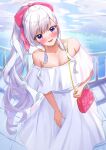  1girl :d absurdres alternate_costume alternate_hairstyle azur_lane bag bare_shoulders belfast_(azur_lane) blue_sky blush bow clouds collarbone commentary_request day dress hair_bow handbag head_tilt highres huge_filesize jewelry long_dress long_hair looking_at_viewer marumai necklace off-shoulder_dress off_shoulder open_mouth outdoors pink_bow pink_handbag ponytail railing silver_hair sky smile solo strapless strapless_dress very_long_hair violet_eyes water white_dress 