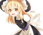  1girl apron artist_name bangs black_dress black_headwear blonde_hair bow buttons dress frills hair_between_eyes hat hat_bow highres holding jill_07km kirisame_marisa long_hair looking_at_viewer open_mouth puffy_short_sleeves puffy_sleeves shirt short_sleeves simple_background smile solo standing tongue touhou white_apron white_background white_bow white_shirt white_sleeves witch_hat yellow_eyes 