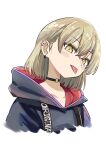  1girl blonde_hair choker ear_piercing earrings hair_between_eyes head_tilt highres hood jewelry medium_hair o-ring o-ring_choker original piercing solo sweater tongue tongue_out upper_body watanabe_masafumi_(masafumi_127) yellow_eyes 