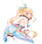  1girl bangs bare_back bare_shoulders blonde_hair breasts dragalia_lost elisanne fruitfroze highres long_hair looking_at_viewer medium_breasts open_mouth ponytail solo thigh-highs violet_eyes 