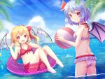 2girls :d alternate_costume ass ball bangs bare_shoulders barefoot bat_wings beachball blush bow breasts clouds cloudy_sky collarbone crystal day dutch_angle expressionless eyebrows_visible_through_hair fang flandre_scarlet frills front-tie_top hair_bow halterneck hand_in_hair hand_up happy holding holding_ball horizon innertube knees_up lens_flare light_rays looking_at_viewer looking_back medium_hair miniskirt multiple_girls no_hat no_headwear one_side_up open_mouth pointy_ears polka_dot red_bow red_eyes red_skirt remilia_scarlet short_hair siblings sisters skin_fang skirt sky small_breasts smile sun sunlight toes tomo_takino touhou unmoving_pattern wading water wings 