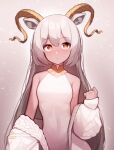  1girl absurdres animal_ears arknights beeswax_(arknights) beeswax_(weisser_sand)_(arknights) beudelb breasts cardigan commentary dark-skinned_female dark_skin goat_ears goat_girl goat_horns highres horns korean_commentary long_hair looking_at_viewer off_shoulder official_alternate_costume open_cardigan open_clothes shirt small_breasts solo upper_body very_long_hair white_cardigan white_hair white_shirt yellow_eyes 
