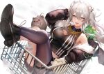  1girl ahoge animal_ears breasts fang fur-trimmed_jacket fur_trim grey_eyes grey_hair high_heels hololive in_shopping_cart jacket large_breasts lion_ears lion_tail long_hair pantyhose qian_wu_atai shishiro_botan shopping_cart ssrb tail uneven_legwear virtual_youtuber 