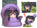  1girl anchor anchor_symbol animal_ears arbok black_hair black_legwear camera chibi cobra_(animal) crossover dress forked_tongue gen_1_pokemon hat kantai_collection mini_hat nekodason oddish pokemon_(creature) rabbit_ears sailor_dress short_dress short_hair short_hair_with_long_locks sidelocks snake tokitsukaze_(kancolle) tongue violet_eyes 