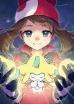  1girl bangs blue_eyes blush brown_hair closed_mouth collared_shirt commentary_request eyelashes gen_3_pokemon gloves hands_up highres jirachi may_(pokemon) mythical_pokemon night outdoors peron_(niki2ki884) pokemon pokemon_(creature) pokemon_(game) pokemon_rse popped_collar red_bandana red_shirt shirt short_sleeves sky smile star_(sky) twitter_username upper_body watermark 