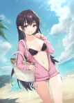  1girl absurdres bag beach bikini black_bikini black_hair blue_sky breasts brown_eyes character_request clouds day gabiran grin halterneck highres jacket long_hair long_sleeves looking_at_viewer medium_breasts navel open_clothes open_jacket outdoors pink_jacket shoulder_bag side-tie_bikini sky smile solo standing stomach string_bikini sunlight swimsuit thighs tokidoki_bosotto_roshia-go_de_dereru_tonari_no_arya-san very_long_hair 