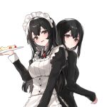  2girls absurdres apple_slice apron bangs black_dress black_hair brooch brown_eyes closed_mouth collar commentary_request danbal dress hair_between_eyes hand_up highres holding holding_tray jewelry juliet_sleeves korean_commentary long_hair long_sleeves looking_at_viewer maid maid_apron maid_headdress mole mole_under_mouth multiple_girls original parted_lips puffy_sleeves shiny shiny_hair simple_background sleeves_past_wrists smile tray upper_body white_background white_collar 