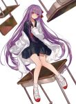  1girl bangs bb_(fate) bb_(fate)_(all) chair chocoan desk fate/extra fate_(series) floating floating_object highres long_hair purple_hair red_neckwear red_ribbon ribbon sailor_collar school_uniform solo very_long_hair violet_eyes white_background 