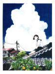  1girl absurdres architecture between_legs black_hair border building clouds day east_asian_architecture fuyuno_kamome hair_ornament hairclip hand_between_legs highres loafers on_roof original outdoors power_lines rooftop scenery school_uniform serafuku shoes short_hair sky socks solo tree white_border white_legwear 