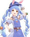  1girl animal_ear_fluff animal_ears bangs blue_dress blue_hair blush braid bunny-shaped_pupils carrot_hair_ornament carrot_print clothing_cutout collar commentary_request construction_worker dress food-themed_hair_ornament food_print gloves golden_carrot hair_ornament helmet highres hikimayu hololive long_hair multicolored_hair nano_(mianhua_maoqiu) rabbit_ears rabbit_girl short_eyebrows shoulder_cutout smile solo swept_bangs teeth thick_eyebrows twin_braids twintails two-tone_hair usada_kensetsu usada_pekora virtual_youtuber white_background white_hair 