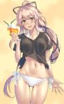  1girl black_shirt blush collarbone cowboy_shot cup drink drinking_glass drinking_straw eyebrows_visible_through_hair hair_between_eyes highres holding holding_cup kantai_collection kokuzou long_hair navel official_alternate_costume open_mouth pink_hair ponytail shirt short_sleeves smile solo very_long_hair yellow_eyes yura_(kancolle) 