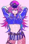  1girl abs arms_behind_head belt blue_shirt breast_pocket breasts choker final_fight fishnet_legwear fishnets hair_between_eyes hat highres large_breasts long_hair long_sleeves looking_at_viewer midriff motozaki_mio parted_lips pink_background pocket poison_(final_fight) purple_hair purple_headwear shirt solo under_boob very_long_hair 