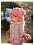  1girl absurdres alternate_costume bag blurry blurry_background blush coat doki_doki_literature_club english_commentary gift gloves highres looking_away natsuki_(doki_doki_literature_club) one_eye_closed pink_eyes pink_hair pov sascha517 short_hair solo winter_clothes winter_coat 