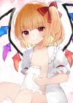  1girl absurdres animal bangs blonde_hair blunt_bangs blush bow breasts cat closed_mouth crystal eyebrows_visible_through_hair feet_out_of_frame flandre_scarlet frilled_shirt_collar frills hair_bow highres looking_at_viewer niseneko_(mofumofu_ga_ienai) no_hat no_headwear one_side_up open_clothes open_shirt puffy_short_sleeves puffy_sleeves red_bow red_eyes shirt short_hair short_sleeves simple_background sitting small_breasts smile solo touhou white_background white_shirt wings 