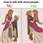  1boy 1girl absurdres armor bessiebee3 black_eyes blonde_hair braid breasts brown_hair dress english_commentary english_text hair_behind_ear highres holding_person how_to_talk_to_short_people link long_hair medium_breasts meme parody pink_dress pointy_ears princess_zelda surprised the_legend_of_zelda the_legend_of_zelda:_breath_of_the_wild the_legend_of_zelda:_twilight_princess tied_hair wide-eyed 