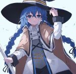  1girl bangs black_headwear blue_background blue_eyes blue_hair braid brown_cape cape commentary crossed_bangs fujimaki_nora hair_between_eyes hat highres holding holding_staff long_hair long_sleeves mushoku_tensei parted_lips roxy_migurdia simple_background solo staff twin_braids upper_body witch_hat 