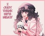  1girl :d animal_ears bangs black_hair black_headwear blush border character_doll cheer_(cheer) cheer_(cheerkitty14) dangan_ronpa_(series) dangan_ronpa_v3:_killing_harmony dog_ears dog_tail english_commentary english_text eyebrows_visible_through_hair fangs flower grey_background grey_hair hair_flower hair_ornament happy holding hood hood_down hoodie keebo long_hair long_sleeves looking_at_viewer multicolored_hair open_mouth original pink_border pink_eyes pink_headwear pink_hoodie smile solo tail the_simpsons upper_body white_hoodie 