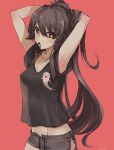  1girl alternate_costume armpits arms_behind_head arms_up black_shirt black_shorts brown_hair casual covered_nipples cowboy_shot crop_top crop_top_overhang genshin_impact hair_tie_in_mouth highres hu_tao_(genshin_impact) kurokage long_hair looking_at_viewer midriff mouth_hold open_fly ponytail red_background red_eyes shirt short_shorts short_sleeves shorts simple_background solo star-shaped_pupils star_(symbol) symbol-shaped_pupils very_long_hair 