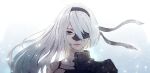  1girl android armor asymmetrical_hair black_hairband blindfold blindfold_slip dual_persona edamamebig gradient gradient_background grey_eyes hairband joints long_hair mole mole_under_mouth nier_(series) nier_automata robot_joints simple_background solo split white_hair yorha_type_a_no._2 