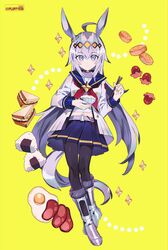  1girl ahoge animal_ears blue_eyes boots bowl chopsticks food grey_hair highres horse_ears horse_tail las_z long_hair midriff oguri_cap_(umamusume) onigiri pantyhose pleated_skirt rice_bowl sailor_collar sandwich skirt sunny_side_up_egg tail tako-san_wiener twitter_username umamusume yellow_background 