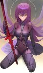  1girl armor bangs bodysuit breasts covered_navel fate/grand_order fate_(series) hair_between_eyes highres hood_(james_x) large_breasts long_hair looking_at_viewer pauldrons purple_bodysuit purple_hair red_eyes scathach_(fate) scathach_(fate)_(all) shoulder_armor thighs 