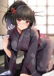  1girl absurdres black_hair blush breasts choko_(cup) choukai_(kancolle) closed_mouth cup eyebrows_visible_through_hair fingernails floral_print flower glasses grey_kimono hair_flower hair_ornament headgear highres holding holding_cup japanese_clothes kantai_collection kimono large_breasts long_hair long_sleeves print_kimono red_eyes red_flower rimless_eyewear shouji sliding_doors smile solo tatami wide_sleeves yunamaro 