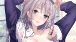  1girl arms_behind_head arms_up bad_link blush bra_strap collarbone ears eyebrows_visible_through_hair grey_hair hayakawa_akari lips looking_at_viewer open_shirt original out-of-frame_censoring parted_lips purple_eyes solo teeth water_drop 