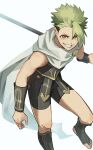  1boy achilles_(fate) asymmetrical_hair bracer brown_eyes commentary_request copyright_request eyebrows_visible_through_hair eyes_visible_through_hair fate/grand_order fate_(series) foot_out_of_frame green_hair grin haruakira highres holding leg_up looking_at_viewer male_focus scarf short_hair shorts simple_background smile solo stirrup_footwear toeless_footwear white_background white_scarf younger 