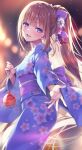  1girl bangs blue_kimono blurry blurry_background blush bow brown_hair character_request copyright_request floral_print flower hair_bow hair_flower hair_ornament head_tilt holding japanese_clothes kimono long_hair long_sleeves looking_at_viewer looking_back obi open_mouth outstretched_arm ponytail purple_bow sash smile solo standing tanabata tomose_shunsaku violet_eyes 