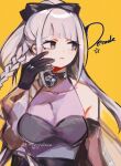  1girl artist_name bangs black_bow black_dress black_gloves bow braid breasts brown_background covered_collarbone dangan_ronpa:_trigger_happy_havoc dangan_ronpa_(series) dangan_ronpa_10th_anniversary_costume dress gloves hair_bow hand_on_own_face hand_up highres kirigiri_kyouko large_breasts long_hair looking_to_the_side official_alternate_costume rina_(crystalrina) see-through shiny shiny_hair upper_body violet_eyes 
