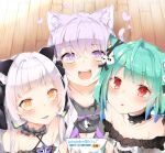  3girls :d absurdres animal_ears blush cat_ears cat_girl commentary_request eyebrows_visible_through_hair gothic_lolita heart highres hololive lolita_fashion looking_at_viewer multiple_girls murasaki_shion nekomata_okayu open_mouth pepushi_drow pov pov_hands smile striped translation_request uruha_rushia vertical_stripes 