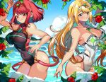  2girls bangs black_swimsuit blonde_hair breasts chest_jewel competition_swimsuit eyebrows_visible_through_hair gem headpiece highres large_breasts long_hair multiple_girls mythra_(radiant_beach)_(xenoblade) mythra_(xenoblade) one-piece_swimsuit pyra_(pro_swimmer)_(xenoblade) pyra_(xenoblade) red_eyes red_swimsuit redhead short_hair swept_bangs swimsuit tiara two-tone_swimsuit very_long_hair xenoblade_chronicles_(series) xenoblade_chronicles_2 yagi_(kyuhyun) yellow_eyes 