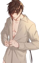  1boy bangs brown_hair buttoning earrings genshin_impact goroo_(eneosu) gradient_hair hair_between_eyes highres jewelry long_hair long_sleeves male_focus multicolored_hair naked_shirt parted_lips ponytail shirt simple_background single_earring solo tassel tassel_earrings white_background white_shirt yellow_eyes zhongli_(genshin_impact) 