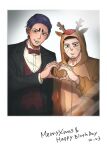  2boys :d animal_costume black_eyes black_suit bow bowtie dated facial_hair golden_kamuy happy_birthday heart heart_hands heart_hands_duo koito_otonoshin long_sleeves looking_at_viewer male_focus merry_christmas multiple_boys nishima_(t-v-r38) open_mouth photo_(object) red_bow reindeer_costume smile stubble thick_eyebrows tsukishima_hajime 