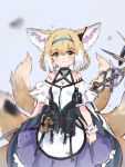 1girl absurdres animal_ears arknights bangs blonde_hair blue_background blue_hairband blush braid closed_mouth dress earpiece eyebrows_visible_through_hair fox_ears fox_girl fox_tail frills fujimaki_nora green_eyes hair_between_eyes hairband highres holding holding_staff infection_monitor_(arknights) kyuubi multicolored_hair multiple_tails short_hair sidelocks simple_background single_wrist_cuff solo staff suzuran_(arknights) tail white_hair wrist_cuffs 