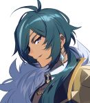  1boy absurdres antenna_hair bangs blue_eyes blue_hair dark-skinned_male dark_skin earrings eyepatch genshin_impact highres jacket jewelry kaeya_(genshin_impact) long_hair male_focus multicolored_hair ponytail portrait profile simple_background single_earring solo streaked_hair white_background xia_(ryugo) 