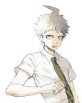  1boy ahoge aoki_(fumomo) bangs brown_hair clenched_hand collared_shirt commentary_request dangan_ronpa_(series) dangan_ronpa_2:_goodbye_despair green_neckwear hinata_hajime looking_at_viewer male_focus necktie open_mouth shirt short_hair short_sleeves simple_background solo spiky_hair upper_body white_background white_shirt 