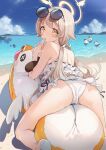  1girl ass back bangs beach bikini blonde_hair blue_archive blue_sky blush breasts eyewear_on_head halo hifumi_(blue_archive) highres long_hair looking_at_viewer looking_back low_twintails mhk_(mechamania) ocean shore sky sunglasses swimsuit thighs twintails white_bikini yellow_eyes 