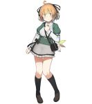  1girl black_legwear blonde_hair full_body fuu_fuu green_eyes highres indie_virtual_youtuber long_sleeves looking_at_viewer miniskirt shoes short_hair simple_background skirt smile solo totoki_saki virtual_youtuber white_background 