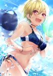  ball beachball bikini blonde_hair blue_bikini blue_sky blush breasts choker day earrings green_nails highres holding holding_ball idolmaster idolmaster_shiny_colors jewelry kumano09_(yaecha0) medium_breasts nail_polish navel necklace ocean open_mouth outdoors saijou_juri short_hair side-tie_bikini sky smile splashing swimsuit violet_eyes wading 