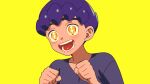  +_+ 1boy bangs black_shirt blush clenched_hands dark-skinned_male dark_skin hands_up highres hop_(pokemon) male_focus nuime_(nuishiron) open_mouth pokemon pokemon_(game) pokemon_swsh purple_hair shirt short_hair smile solo teeth tongue upper_body yellow_eyes 