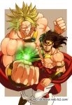  2boys black_eyes black_hair bracer broly_(dragon_ball_z) clenched_hands collar commentary_request dragon_ball dragon_ball_z dual_persona ear_piercing earrings energy green_hair grin highres hoshikawa_akira incoming_attack jewelry legendary_super_saiyan looking_at_viewer male_focus multiple_boys muscular muscular_male no_pupils piercing smile super_saiyan tiara 